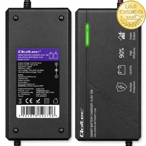 Qoltec Specjalistyczna ładowarka do akumulatora LiFePO4 12V | 10A | PF 0.9 | LED | Inteligentne ładowanie