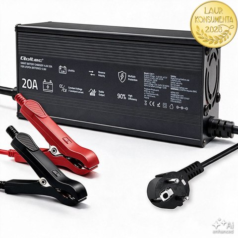 Qoltec Specjalistyczna ładowarka do akumulatora LiFePO4 12V | 20A | PF 0.9 | LED | Inteligentne ładowanie