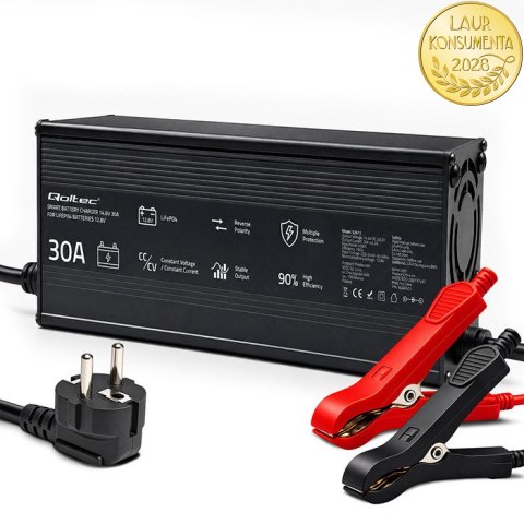 Qoltec Specjalistyczna ładowarka do akumulatora LiFePO4 12V | 30A | PF 0.9 | LED | Inteligentne ładowanie