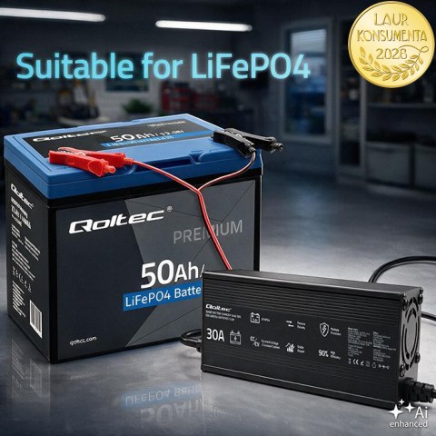 Qoltec Specjalistyczna ładowarka do akumulatora LiFePO4 12V | 30A | PF 0.9 | LED | Inteligentne ładowanie