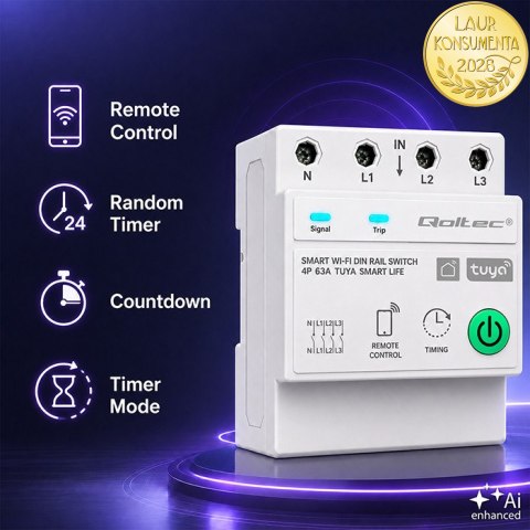 Qoltec Trójfazowy przekaźnik 63A na szynę DIN | 3P+N | Timer | Wi-Fi | Tuya | Smart Life | Amazon Alexa | 4P