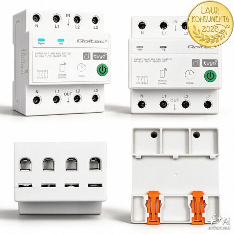 Qoltec Trójfazowy przekaźnik 63A na szynę DIN | 3P+N | Timer | Wi-Fi | Tuya | Smart Life | Amazon Alexa | 4P