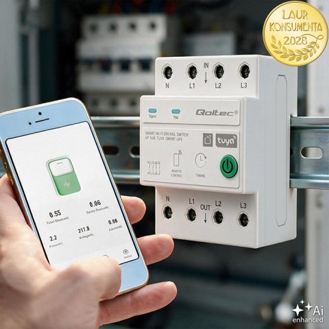 Qoltec Trójfazowy przekaźnik 63A na szynę DIN | 3P+N | Timer | Wi-Fi | Tuya | Smart Life | Amazon Alexa | 4P