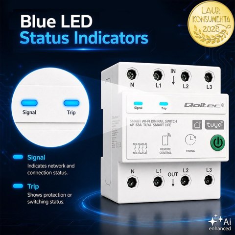 Qoltec Trójfazowy przekaźnik 63A na szynę DIN | 3P+N | Timer | Wi-Fi | Tuya | Smart Life | Amazon Alexa | 4P