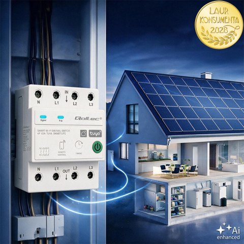 Qoltec Trójfazowy przekaźnik 63A na szynę DIN | 3P+N | Timer | Wi-Fi | Tuya | Smart Life | Amazon Alexa | 4P