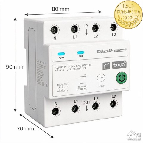 Qoltec Trójfazowy przekaźnik 63A na szynę DIN | 3P+N | Timer | Wi-Fi | Tuya | Smart Life | Amazon Alexa | 4P