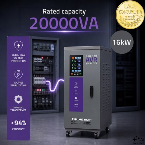 Qoltec Trójfazowy stabilizator napięcia AVR MULTIPROTECTION | 20kVA | Dokładność ± 3% | Serwomotor 3F | LCD | Expert Line