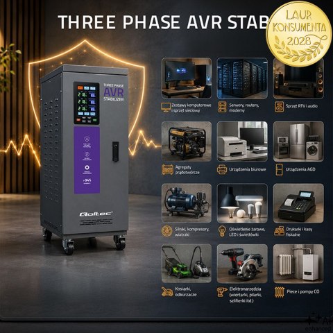 Qoltec Trójfazowy stabilizator napięcia AVR MULTIPROTECTION | 20kVA | Dokładność ± 3% | Serwomotor 3F | LCD | Expert Line