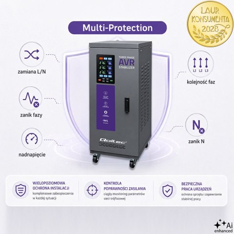 Qoltec Trójfazowy stabilizator napięcia AVR MULTIPROTECTION | 20kVA | Dokładność ± 3% | Serwomotor 3F | LCD | Expert Line