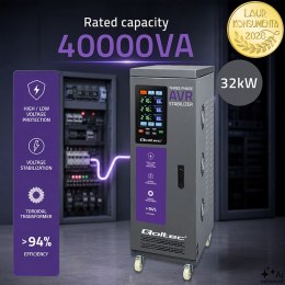 Qoltec Trójfazowy stabilizator napięcia AVR MULTIPROTECTION | 40kVA | Dokładność ± 3% | Serwomotor 3F | LCD | Expert Line