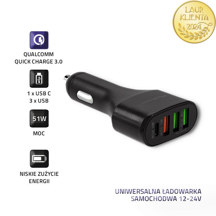 Qoltec Uniwersalna Ładowarka samochodowa 12-24V | 51W | 5A | 1 x USB typ C + USB QC 3.0 | 2 x USB Smart