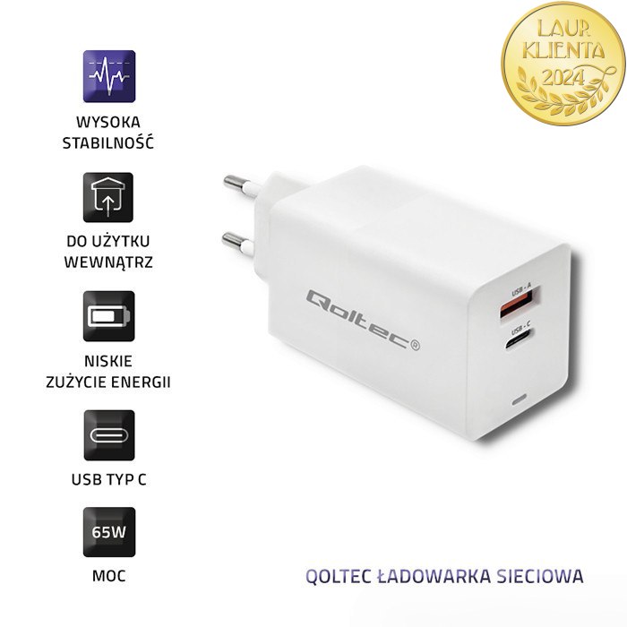 Qoltec Ładowarka GaN FAST 65W | 5-20V | 2.25-3.25A | USB | USB typ C PD